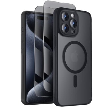 Symcele Designed for iPhone 15 Pro Case Compatible with MagSafe with Privacy Screen Protectors X2 Camera Protection 15FT Military Drop Protection Shockpoof Phone Case 61 Black
