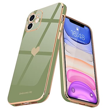 Teageo Compatible with iPhone 11 Case for Women Girl Cute Love Heart Luxury Bling Plating Soft Back Cover Full Camera Protection Bumper Silicone Shockproof Phone Case Light Green