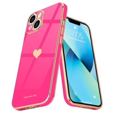 Teageo Compatible with iPhone 13 Case for Women Girl Cute LoveHeart Luxury Bling Plating Soft Back Cover Raised Full Camera Protection Bumper Silicone Shockproof Phone Case for iPhone 13 Hot Pink