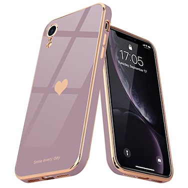 Teageo Compatible with iPhone Xr Case for Women Girl Cute LoveHeart Luxury Bling Plating Soft Back Cover Raised Full Camera Protection Bumper Silicone Shockproof Phone Case for iPhone Xr Lavender