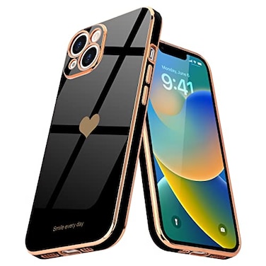 Teageo for iPhone 14 Case for Women Girl Cute Love Heart Luxury Electroplate Plating Soft Bling Back Cover Raised Full Camera Protection Bumper Silicone Shockproof Phone Case for iPhone 14 Black