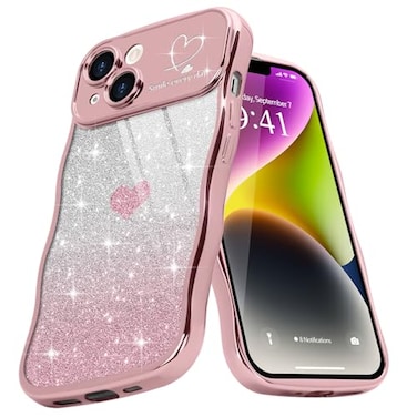 Teageo for iPhone 14 Case for Women Girls Cute Curly Wavy Frame Love Heart Glitter Bling Camera Protection Sparkly Luxury Elegant Shockproof Cover Clear Wave Phone Case for iPhone 14 61 Pink