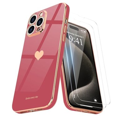 Teageo for iPhone 15 Pro Max Case with Screen Protector 2 Pack Girl Women Cute Girly LoveHeart Luxury Gold Cover Camera Protection Silicone Shockproof Phone Case iPhone 15 Pro Max Bright Blush