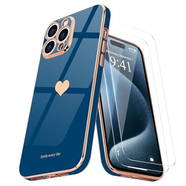 Teageo for iPhone 15 Pro Max Case with Screen Protector 2 Pack Girl Women Cute Girly LoveHeart Luxury Gold Soft Cover Camera Protection Silicone Shockproof Phone Case iPhone 15 Pro Max Royal Blue