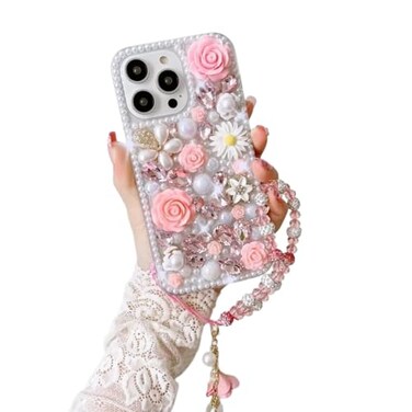 Threesee for iPhone 14 Pro Max Bling Case Luxury Crystal Rhinestone Flowers Glitter Diamond Pearl Women Girls Kids Cover with Lanyard for iPhone 14 Pro Max 67 Inch
