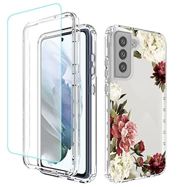 Tothedu Phone Case for Galaxy S21 FE 5G Samsung S21 FE SMG990U Case with TemperedGlass Screen Protector Clear Floral Pattern Full Body Protective Cover Cases for Samsung Galaxy S21 FE Flower