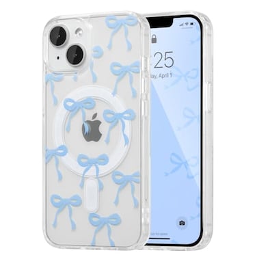 UEEBAI Magnetic for iPhone 14 Case iPhone 13 Case Bow Case Compatible with MagSafe Wireless Slim Clear Ribbon Phone Cover AntiYellowing Shockproof Protective Cover for Women Girl Baby Blue