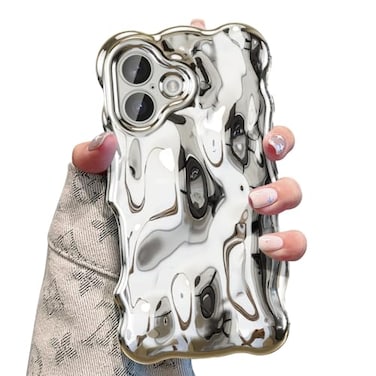 UEEBAI Ripple Case for iPhone 16 Plus Cute Silver Cover Wave Shape for iPhone Case Pretty Aesthetic 3D Phone Cover Water Ripple Shell 3D Chrome Design for Women and Girl Silver