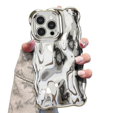 UEEBAI Ripple Case for iPhone 16 Pro Max Cute Silver Cover Wave Shape for iPhone Case Pretty Aesthetic 3D Phone Cover Water Ripple Shell 3D Chrome Design for Women and Girl Silver