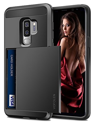 Vofolen Sliding Cover for Galaxy S9 Plus Case Wallet Credit Card Holder ID Slot Hidden Pocket Heavy Duty Protection Rugged Bumper Protective Hard Shell Armor Case for Samsung Galaxy S9 Plus Black