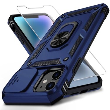 Weycolor iPhone 12 iPhone 12 Pro Case with Slide Camera Cover HD Screen Protector Heavy Duty Military Grade Shockproof Magnetic Ring Holder Kickstand Phone Case Navy Blue
