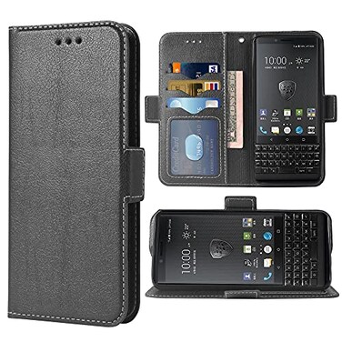 WWAAYSSXA Compatible with BlackBerry KEY2 Wallet Case Wrist Strap Lanyard Leather Flip Cover Card Holder Stand Cell Accessories Phone Cases for BBF1001 BBF1002 BBF1004 BBF1006 Women Men Black