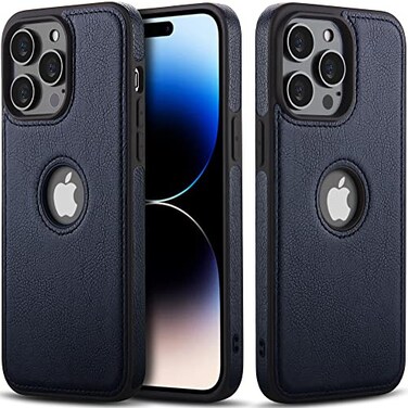 XYAJUANG Compatible with iPhone 14PRO Case61Logo Visible Leather Fully Wrapped with Delicate Stitches Phone Case Blue