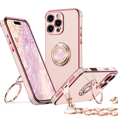 XYZ for iPhone 16 Pro Max Case with Stand Phone Case with Double Ring Kickstand Women Girls Bling Luxury Protective Case Heart for iPhone 16 Pro Max 69 inch Pink