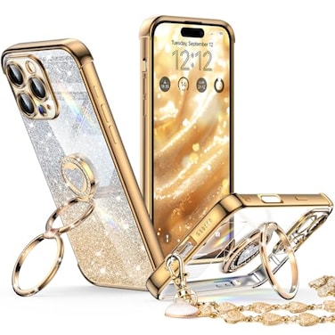 XYZ for iPhone 16 Pro Max Case with Stand Phone Case with Double Ring Kickstand Women Girls Cute LoveHeart Luxury Bling Protective Case Heart for iPhone 16 Pro Max 67 inch Gold