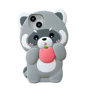 YAKVOOK Bear Case for iPhone 14Kawaii Phone Cases 3D Silicone Cartoon Raccoon Fun Cute Case Soft Rubber Shockproof Protective Case Women Girls for iPhone 14
