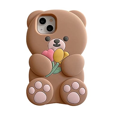 YAKVOOK Kawaii Phone Cases Compatible with iPhone 13 Pro MaxCute Cartoon Flower Teddy Bear Brown Case Women Girls 3D Soft Silicone Shockproof Cover for iPhone 13 Pro Max