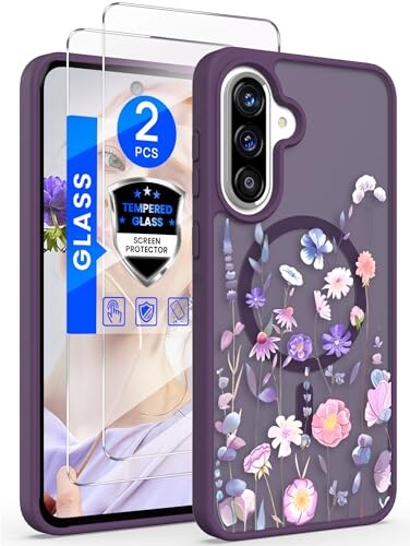 Yucenx for Samsung Galaxy A36 Case with Tempered Glass Screen ProtectorsMilitary Grade Magnetic Translucent Matte Girls Women Flower Pattern Protective Cover for A36Deep Purple