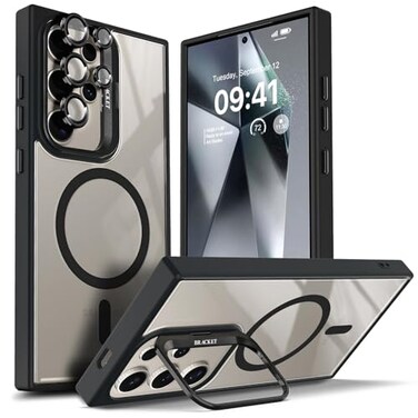 YZB Designed for Samsung Galaxy S24 Ultra Case Black Magnetic Compatible with MagSafe Builtin Stand Camera Lens Protector AntiYellowing ScratchResistant Crystal Clear Back Cover