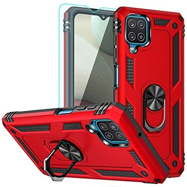 YZOK for Galaxy A12 Case with HD Screen ProtectorMilitary Grade Ring Car Mount Kickstand Hybrid Hard PC Soft TPU Shockproof Protective Case for Samsung Galaxy A12 Red