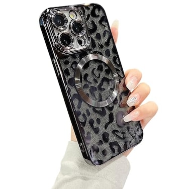 ZONRW for iPhone 15 Pro Max Case MagneticSoft Cute Luxury Leopard Cheetah Pattern Plating Glitter Bling Phone Case Compatible with MagSafe Clear Shockproof Back Cover for Women Girl 67Black