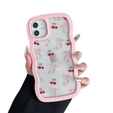 ZTOFERA for iPhone 11 Case 61 inchCute Curly Wave Frame Shape Case with Cherry Ribbon Bow Pattern Clear Slim Shockproof Hard PC Bumper Phone Cover for Women Girls Peach Pink