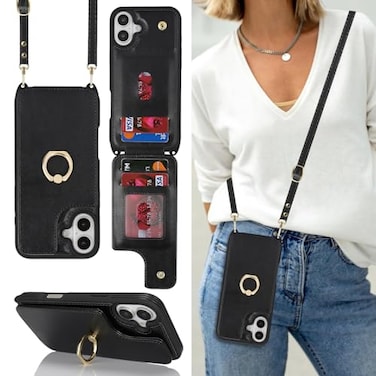 Lipvina for iPhone 16 Case with Card Holder and Strap for WomenCrossbody LanyardRFID BlockingRing StandSnap ClaspCute Lightweight Leather Wallet Phone Case 61Black