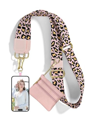 Nipichsha Crossbody Phone Strap with Wallet Clip and Go Strap for Phone with Wallet Adjustable Crossbody Cell Belt with Zippered Pouch Neck Shoulder Cell Lanyard for Women Pink Leopard