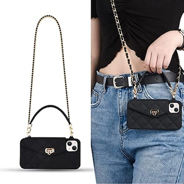 Yatchen Wallet Case for iPhone 15 ProCrossbody Phone Case with Lanyard Strap Cute Flip Credit Card Holder Soft Silicone Girls Lady Handbag Cover for iPhone 15 Pro Black