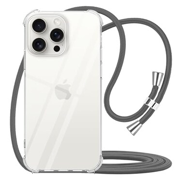 YESPURE for iPhone 15 Pro Max Lanyard Case Clear Adjustable Neck Cord Strap Cover Transparent Soft Bumper TPU Rubber Shockproof AntiYellowing Protective Strap Case Cover for iPhone 15 Pro Max Gray