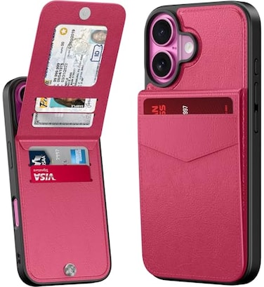 bemal for iPhone 16 Wallet Case Builtin Card Holder RFID Blocking PU Leather Kickstand Magnetic Closure Durable Shockproof Phone Cover for Women and Men Hot Pink