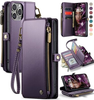 Defencase Compatible with iPhone 14 Pro Max Case Wallet with RFID Blocking Card Holder for Women Men PU Leather Magnetic Snap Flip Zipper Strap Wallet Phone Case Fit for iPhone 14 Pro Max 67 Purple