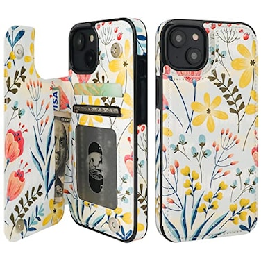 HAOPINSH for iPhone 13 Case Wallet with Card Holder Floral Flower Pattern Back Flip Folio PU Leather Kickstand Card Slots Case for Women Girls Double Magnetic Clasp Shockproof Cover 61