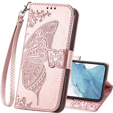 HAOTP Galaxy S23 Plus CaseWallet CasePU Leather Protective Phone Case Wrist Strap Card Slots Holder Pocket Emboss Butterfly Flower Stand Flip Case Compatible with Samsung Galaxy S23 Plus Rose Gold