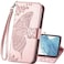 HAOTP Galaxy S23 Plus CaseWallet CasePU Leather Protective Phone Case Wrist Strap Card Slots Holder Pocket Emboss Butterfly Flower Stand Flip Case Compatible with Samsung Galaxy S23 Plus Rose Gold