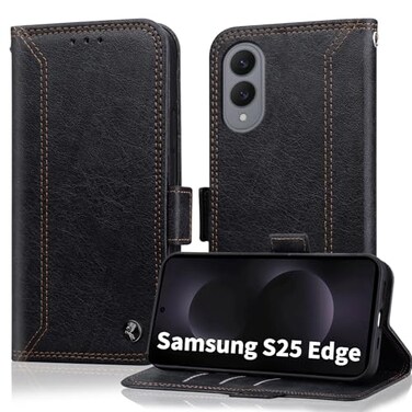 Oduio for Samsung Galaxy S25 Edge Wallet Case with RIFD Blocking Card Holder PU Leather Flip Folio Kickstand Business Protective Phone Cover 67 Inch 2025 Black