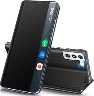 Qissy Phone Case for Samsung Galaxy S23 5G Case Clear View Window Luxury Slim Mirror Galaxy S23 Case with Kickstand Leather Hard PC Flip Shockproof Protective Cover for Samsung S23 Case Black