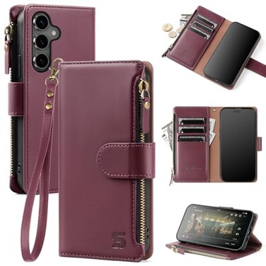 Shieldtop Compatible with Samsung Galaxy S25 Wallet Case with Card HolderWomen Men RFID Blocking PU Leather Flip Cover Wrist Strap Zipper Credit Card SlotsPhone Case for Galaxy S25 62Wine Red