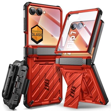 SUPCASE for Samsung Galaxy Z Flip 7 Case with Builtin Stand BeltClip Unicorn Beetle Pro Hinge Protection Front Tempered Glass Screen Protector Full Body MilitaryGrade Phone Cover Ruddy