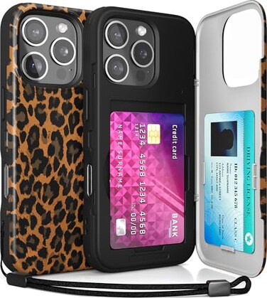 TORU for iPhone 16 Pro Wallet Case with Card Holder Hidden ID Credit Card Slot Flip Kickstand Slim Fit Shockproof Heavy Duty Phone Cover with Strap Leopard Pattern
