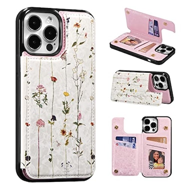 UEEBAI Wallet Case for iPhone 15 Pro with Card Holders PU Leather Cover Kickstand RFID Blocking Double Magnetic Clasp Rilievo Flower Shockproof Flip Case for Women Girls Tree Vine