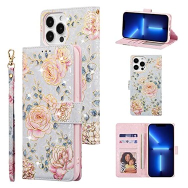 UEEBAI Wallet Case for iPhone 16 Pro Max PU Leather Phone Cover Kickstand RFID Blocking Flip Case Card Slots Wrist Strap Relief Engraved Pattern Magnetic Closure Flower Folio Wallet Purple Rose
