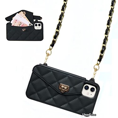 UnnFiko Wallet Case Compatible with iPhone 13 Cute Light Luxury Bag Design Purse Flip Card Pouch Cover Soft Silicone Case with Handstrap Long Shoulder Strap Black iPhone 13