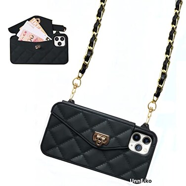 UnnFiko Wallet Case Compatible with iPhone 13 Pro Max Cute Light Luxury Bag Design Purse Flip Card Pouch Cover Soft Silicone Case with Handstrap Long Shoulder Strap Black iPhone 13 Pro Max