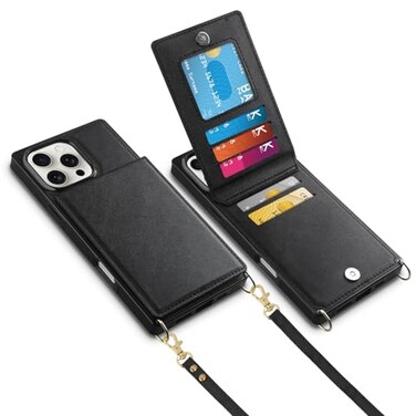 Vofolen for iPhone 16 Pro Max Case Wallet with Card Holder Crossbody Lanyard Strap Leather Case with Magnetic Clasp Kickstand Heavy Duty Protective Flip Cover for iPhone 16 Pro Max for Women Black