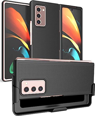 Nakedcellphone Case with Clip for Galaxy Z Fold 2 Black Grid Texture Slim Hard Cover and Custom Belt Hip Holster Holder View Stand Combo for Samsung Galaxy Z Fold 2 5G Phone SMF916