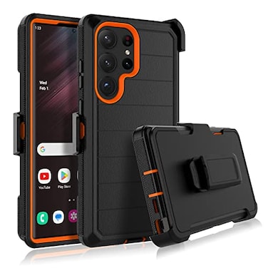 NJJEX Njjex Rugged Case for Samsung Galaxy S23 Ultra for Galaxy S23 Ultra Case with Belt Clip Holster Full Body Protector Heavy Duty Shockproof Locking Swivel Holster Kickstand Hard Phone Cover Orange