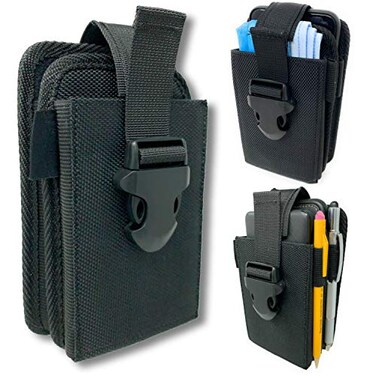 Perilogics Nylon Dual Pocket Phone Holster Belt Clip Pouch with Adjustable Quick Release Buckle Closure Carry Two Phones Face Mask Notepad Insulin Pump MultiTool or Utility Knife