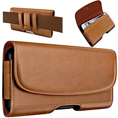 PiTau Holster for iPhone SE 8 7 6 6s Cell Phone Belt Holder with Clip for Men Fits Smartphone with Case On Cellphone Cover with ID Card Pouch Brown Small