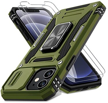 DEERLAMN Case for iPhone 1212 Pro with Slide Camera CoverScreen Protector2 PacksRotated Ring Kickstand Military Grade Shockproof Protective CoverOlive Green